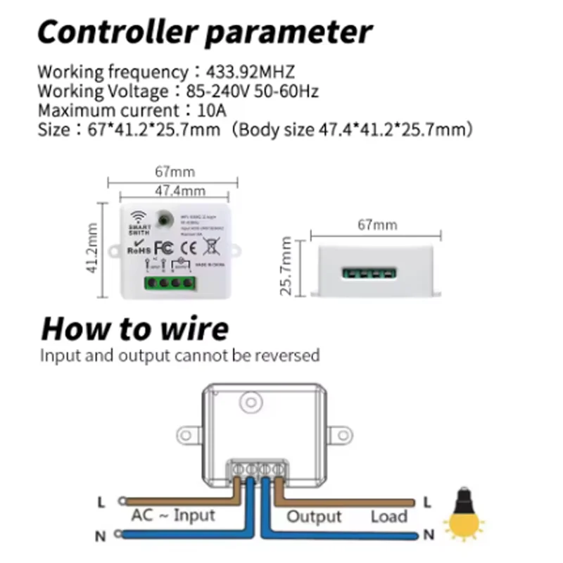 433MHz wireless remote control switch, remote control range exceeds 3000 meters, 16A relay receiver module, 100-40V light, suita