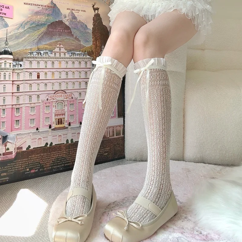 Women Lace Ruffle Calf Socks Summer Thin Style Lolita Ballet Bow Knee High Socks Cute JK Uniform Stacked Socks
