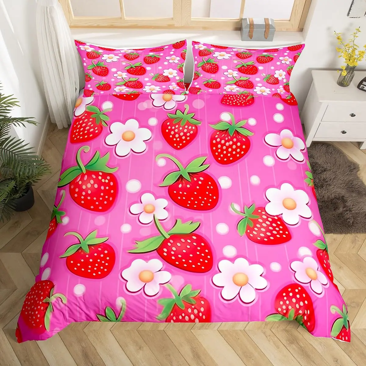 

Kids Pink Strawberry Duvet Cover King Queen Mushroom Bedding Set For Girls,Kawaii Fruit Comforter Cover Watercolor Quilt Cover