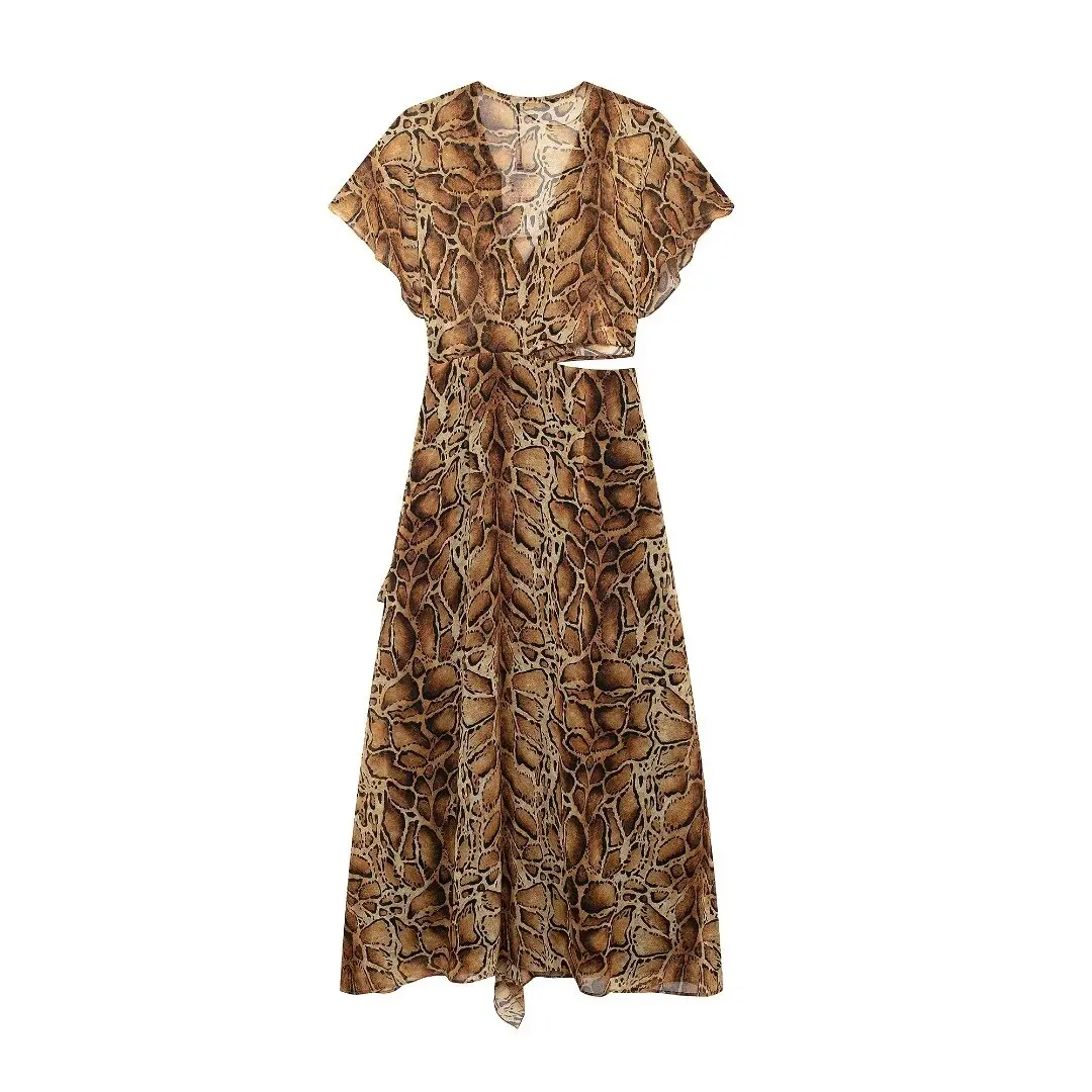 Tangada 2024 Women Leopard Print Cut-out Dress Short Sleeve Ladies Midi Dress 3H0661