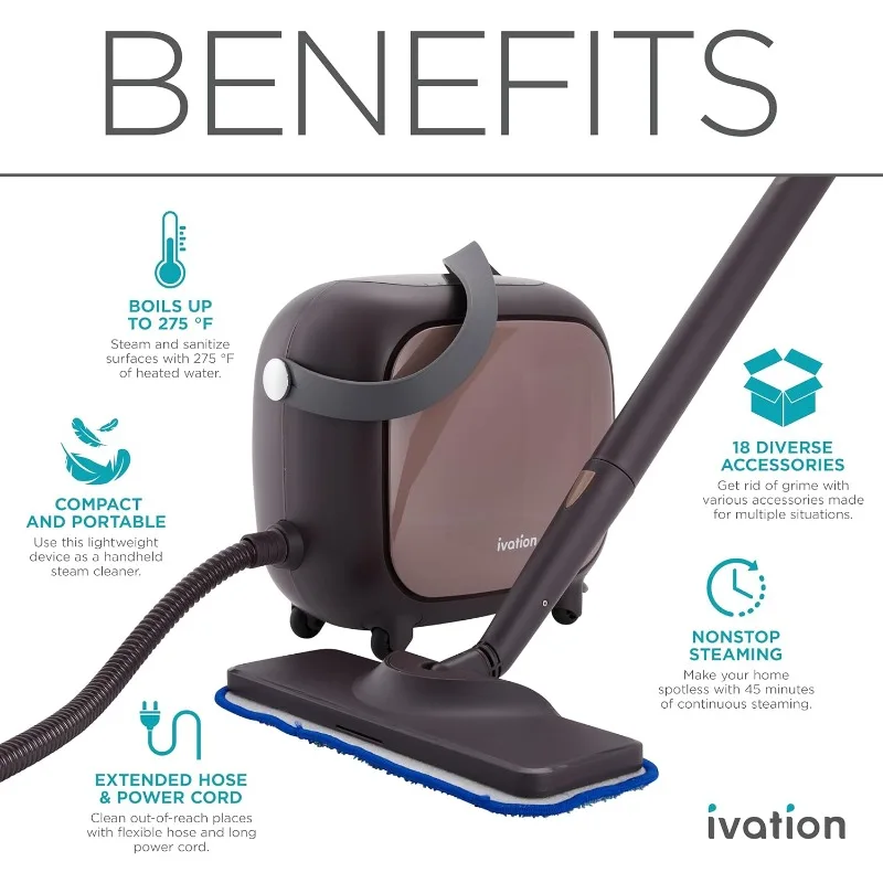 Ivation Steam Cleaner, Powerful Multipurpose Steamer w/ 18 Accessories, Chemical-Free Cleaning and Sanitizing