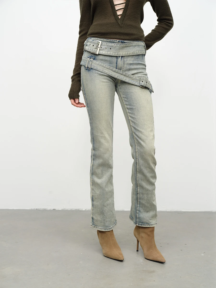 

Двухслойные расклешенные джинсы с поясом, женские облегающие эластичные джинсовые брюки, осенне-зимние модные женские брюки премиум-класса