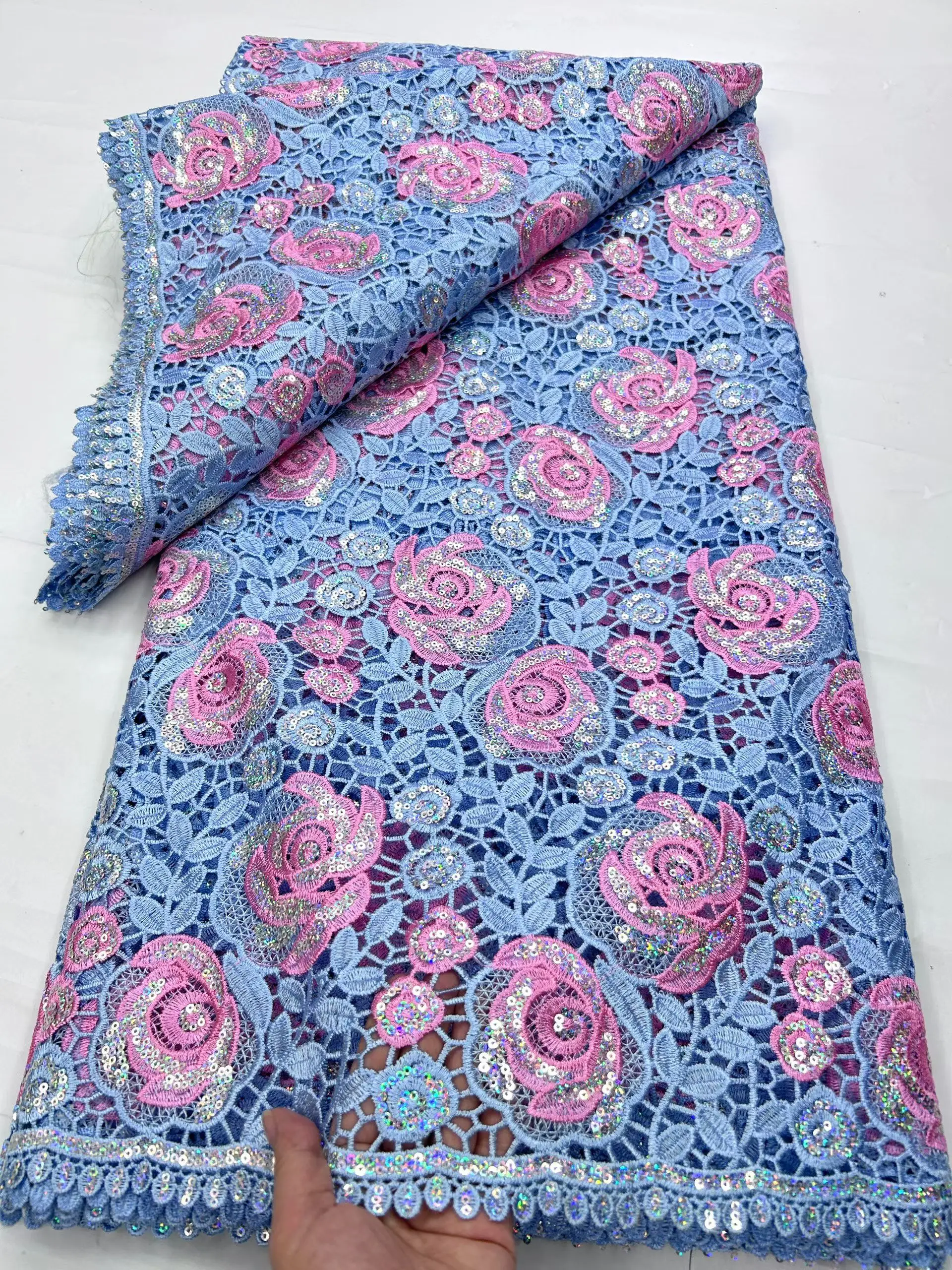 

Новейший розовый небесно-голубой гипюр с блестками, африканский нигерийский шнур, кружевная ткань, 2025 г., высококачественный водорастворимый кружевной материал PHD25184