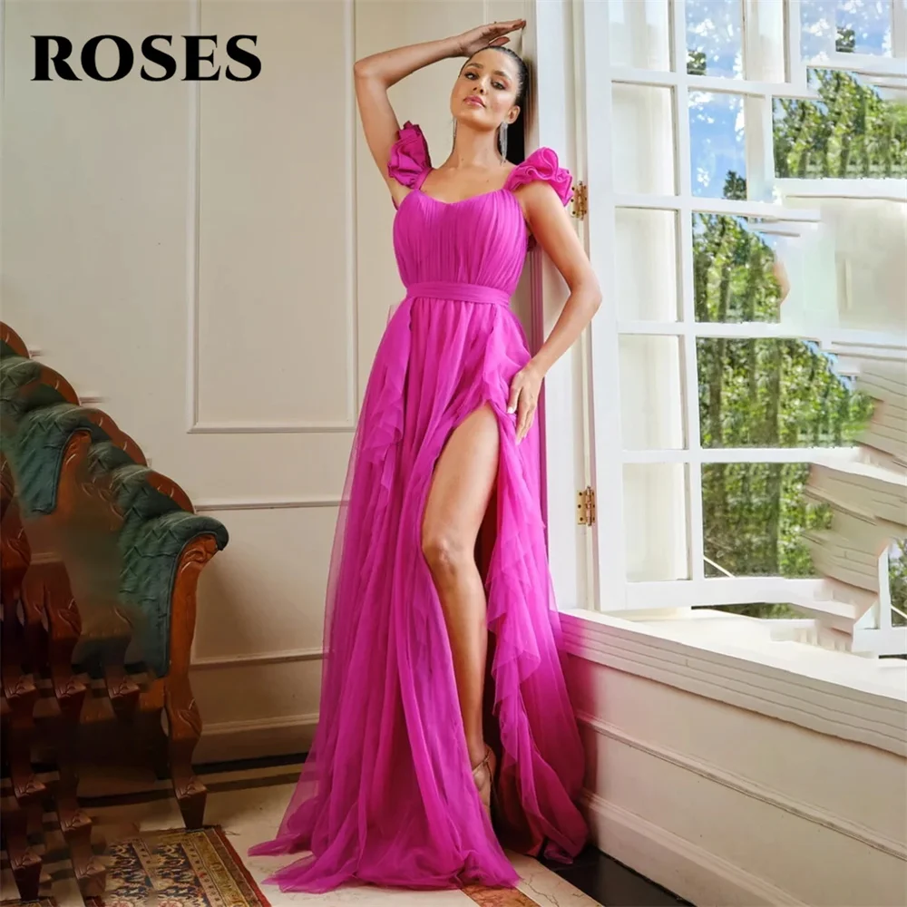 

ROSES Fuchsia Net Evening Gown Beach Pleat Elegant Prom Dress Zipper Back Wedding Evening Dress with High Split Customized