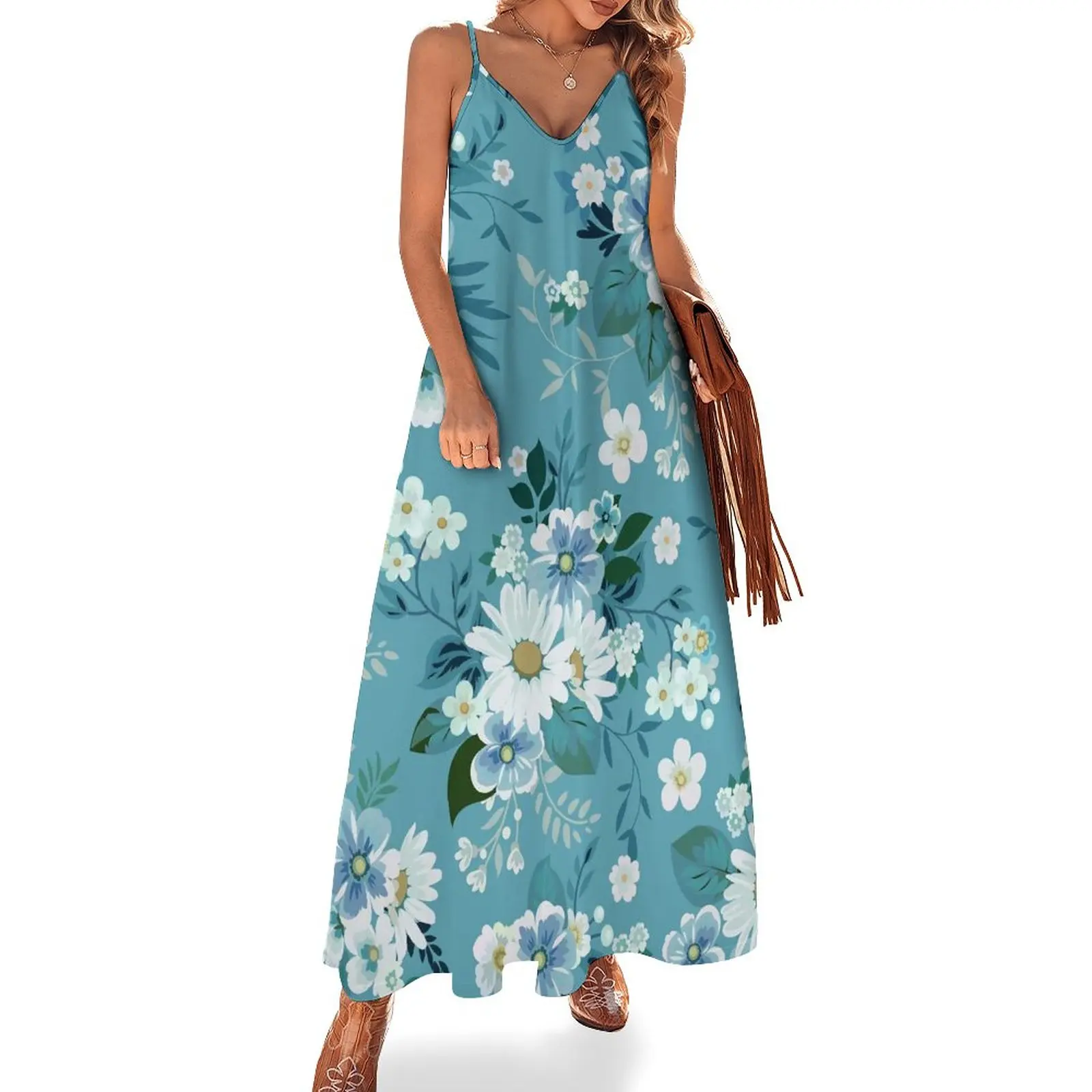 Fashion Daisies Dress Floral Daisy Pirnt Stylish V Neck Casual Long Dresses Female Graphic Elegant Maxi Dress 3XL 4XL 5XL