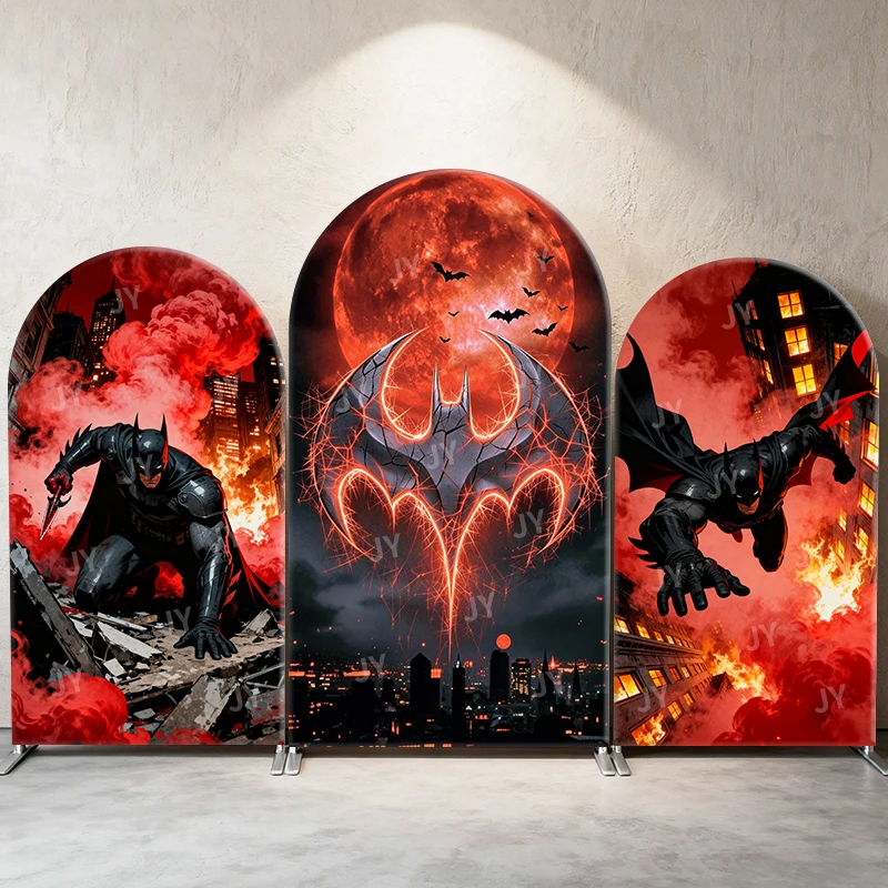 

Batman Crimson Blood Moon Theme Arch Backdrop Cover Burning Bat Symbol Cartoon Background For Kids Birthday Baby Shower Party