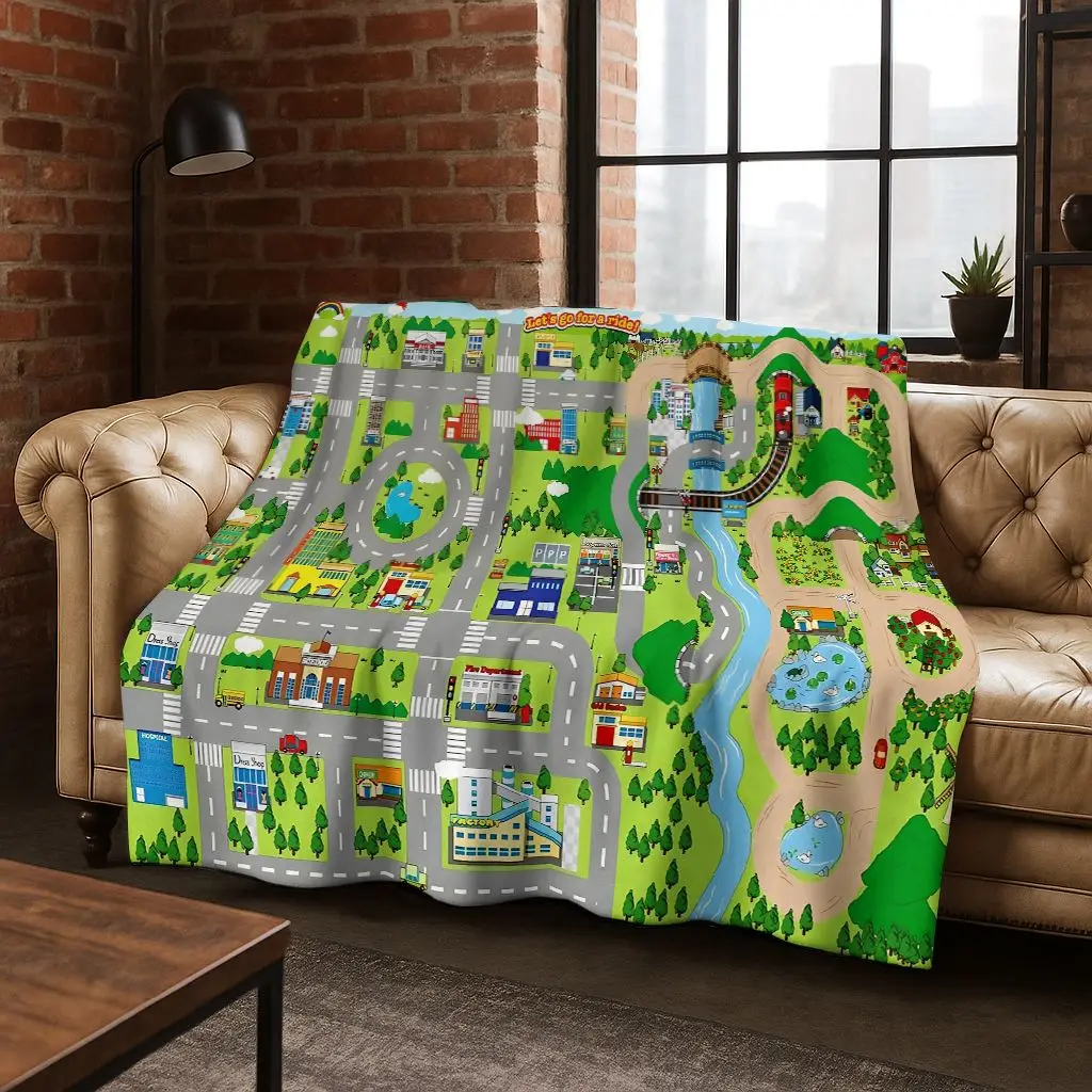 Child Urban City Road Traffic Learning Game Flannel Blanket,Cozy Soft Throw Blanket for Home Bedroom Bed Sofa Cover Gift Kids