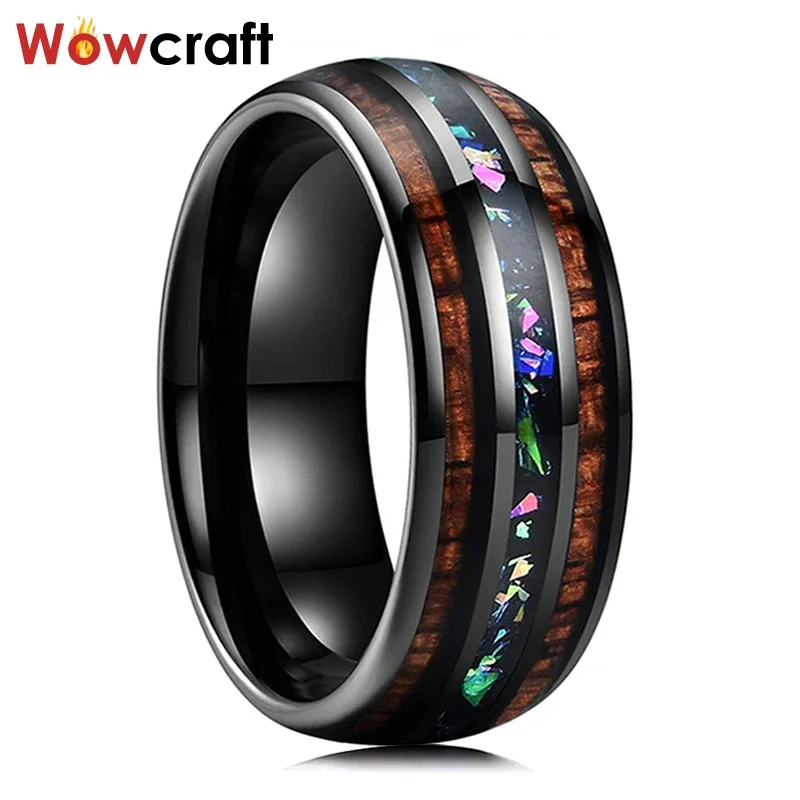 

Black Tungsten Rings Wedding Band Real Opal Chip Wood Inlay Polished Comfort Fit Gift for Boyfriend