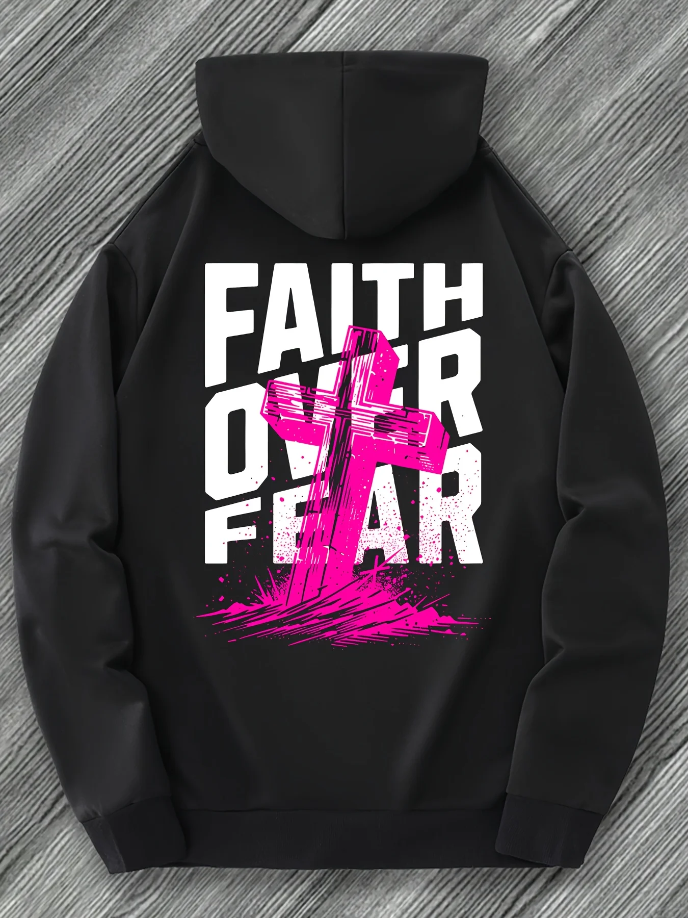 Men Faith Over Fear Back Print Hoodie, Distressed Pink Cross Christian Religious Graphic Drawstring Kangaroo Pocket Pullover Sweatshirt Street Gospel Hooded Tops