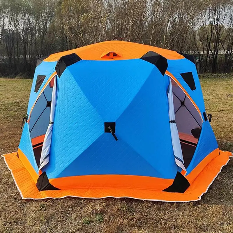 Factory Wholesale Insulated Triple Layer Oxford Angler Ice Fishing Tent Pop-Up Hexagonal Design Suitable Chimney 3-4 Person
