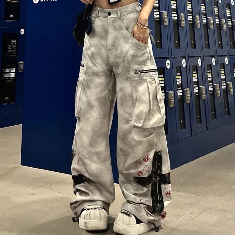 

Осенние эстетические джинсы High Street Y2k 2023, джинсовые брюки полной длины с карманами на молнии и принтом, винтажные свободные брюки со средней талией и пуговицами