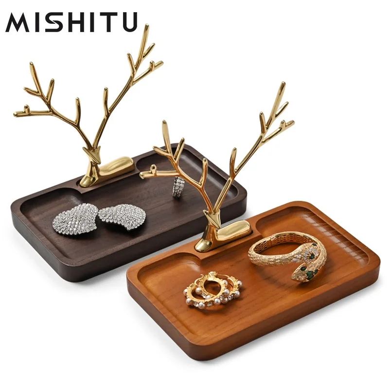 MISHITU Jewelry Antler Display Tray Solid Wood Microfiber Pendant Ring Storage Tray Bracelet Storage Rack Jewelry Display Tray