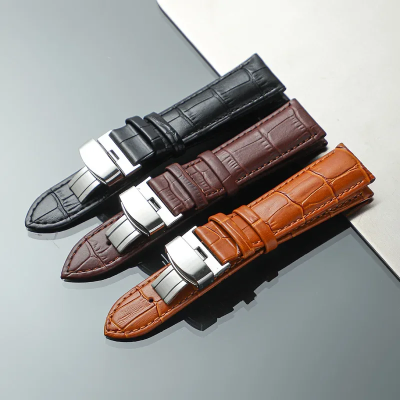 Double Pull Butterfly Buckle Calfskin Universal Watch Strap for Men Women Black Brown 14mm 16mm 19mm 18mm 20mm 21mm 22mm 24mm