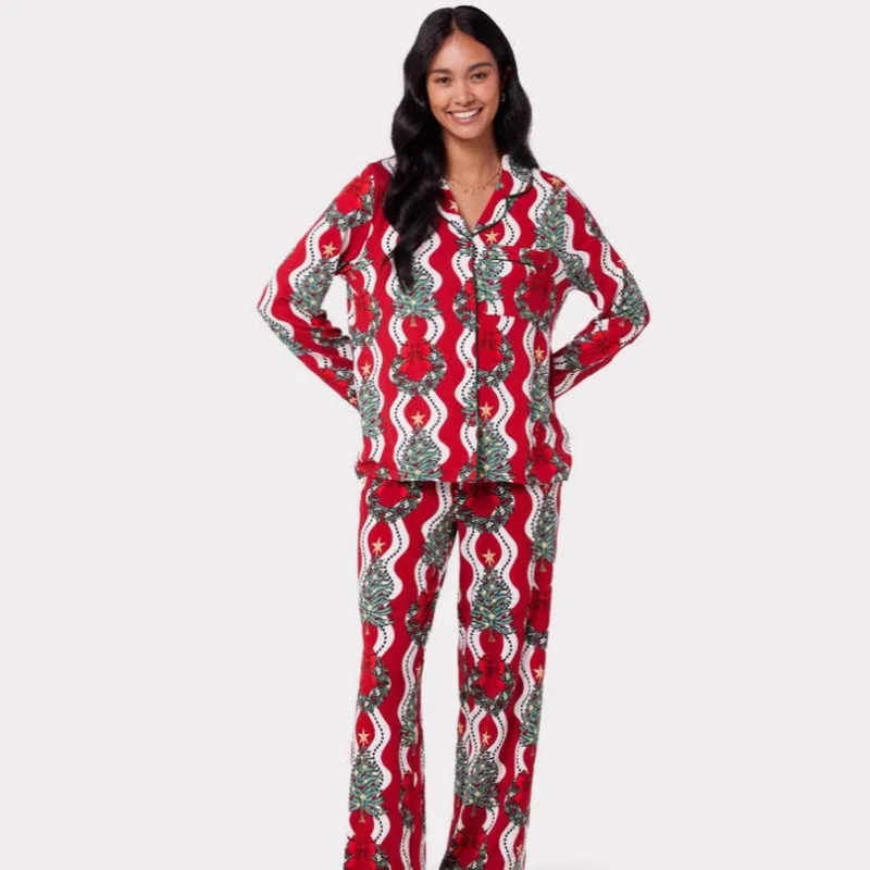 

Women's European American Style Pajama Set Spring Autumn Long Sleeves Pants Christmas Print Trousers Cozy Lounging Party XL Size