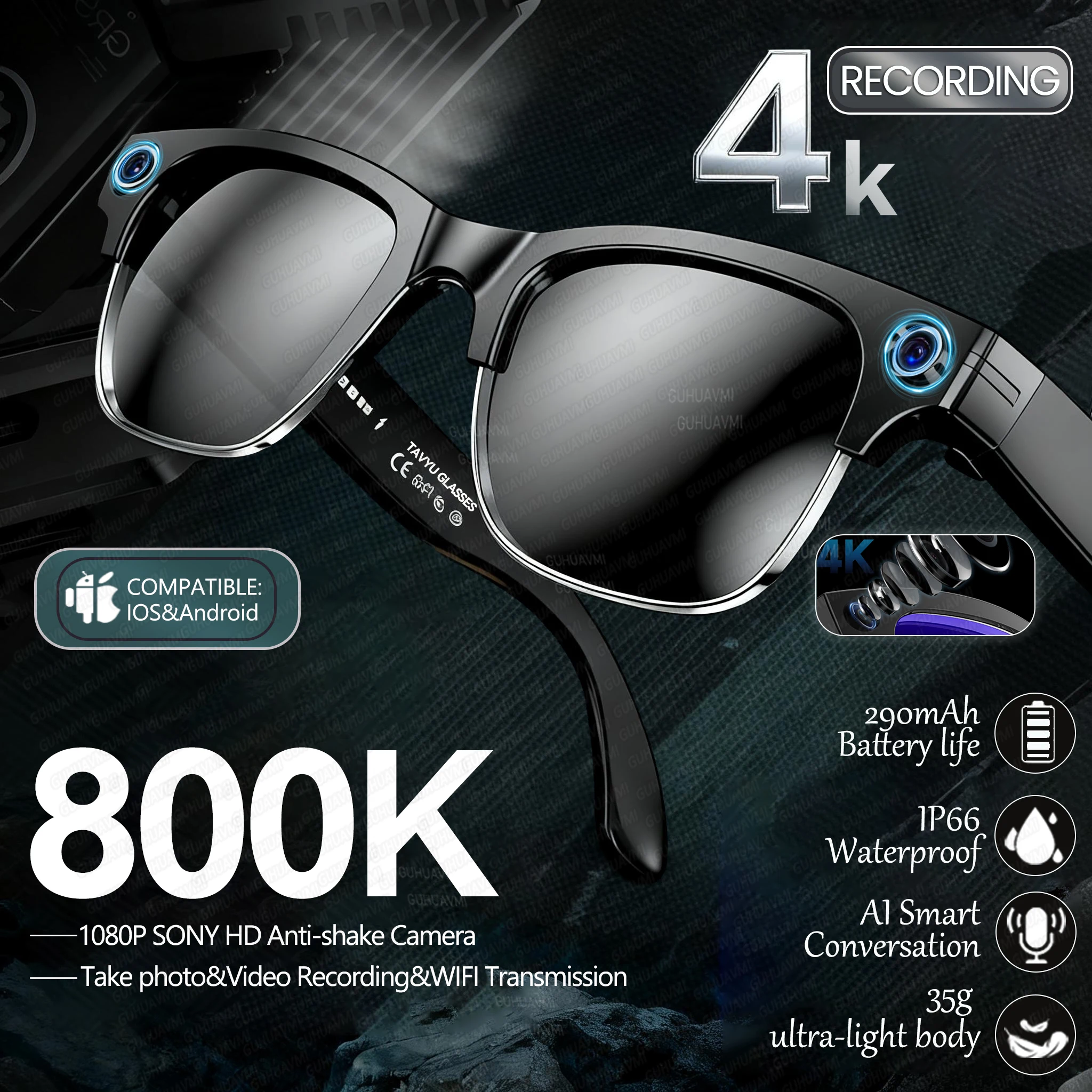 2026 New 4K HD 800W Pixel Dual-Camera Smart Glasses Men 1080P Video Recording AI Chat WIFI Transmission Translation Call Glasses