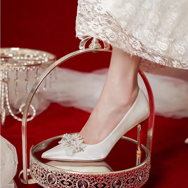 Shoes For Women 2024 Spring New French-Style Bride Bridesmaid Shoes White Pearl Stiletto Heel High Heels Wedding Shoes for Women