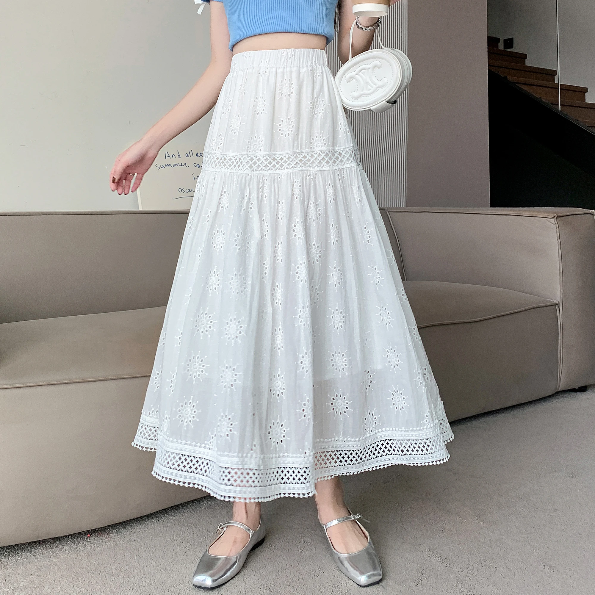 

New Spring Summer Women High Waist Slim Long Skirt High Quality Flowers Embroidery Hollow Out Lace Patchwork White Fairy Skirt