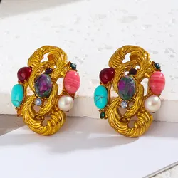 Colorful Resin Stone Geometric Distorted Irregular Lines Luxury Metal Fashion Natural Stone Earrings for Women Jewelry Gift