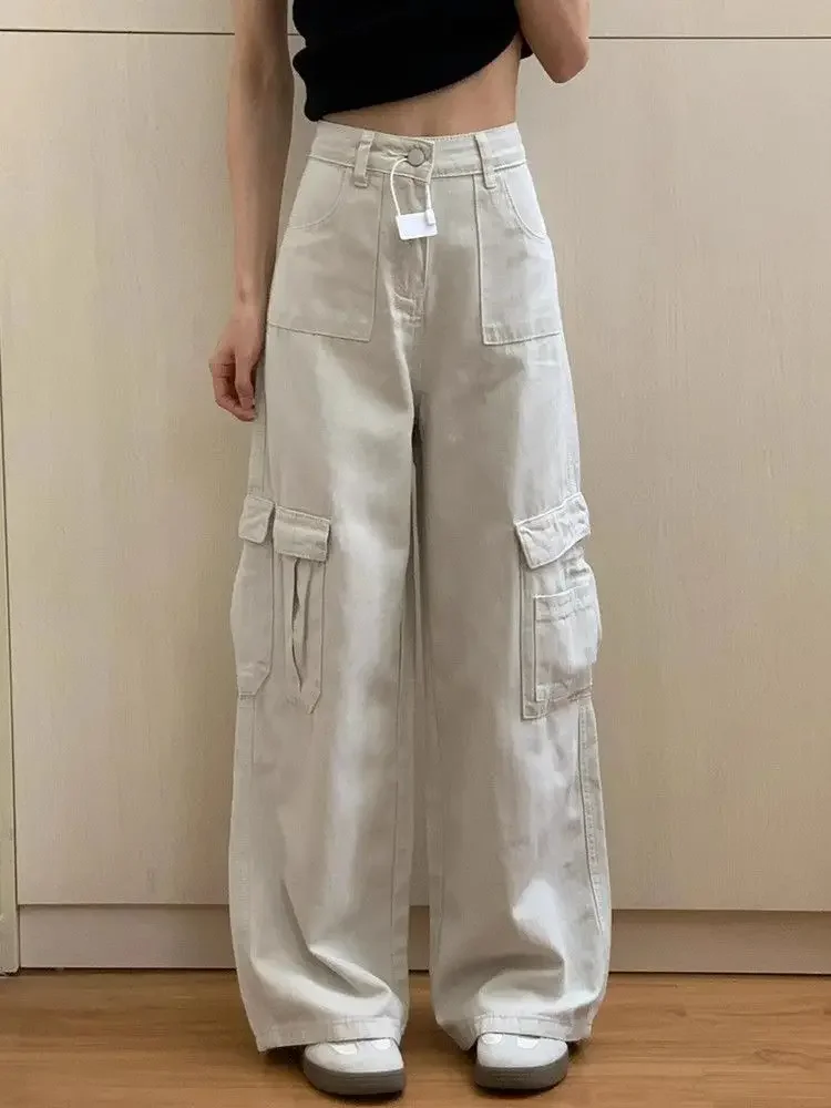 

ADAgirl Beige Cargo Jeans Women Y2k Harajuku Causal Baggy Korean Pockets Straight Denim Pants Hip Hop Streetwear Vintage Trouser