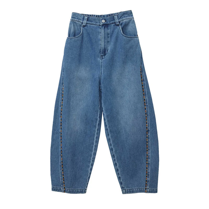MOVEUP 100% Cotton Barrel Jeans Autumn Back Elastic Waist Side Webbing Stripe Loose Casual Wide‑Leg Denim Trousers 3ELQ40307
