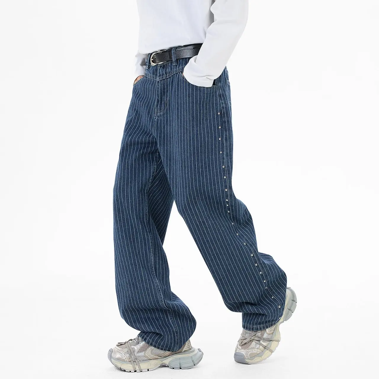 

Rivet Stripe Jeans Men Streetwear Fashion Hip Hop Loose Casual Wide Leg Straight Denim Baggy Jeans Pants Cityboy Trousers
