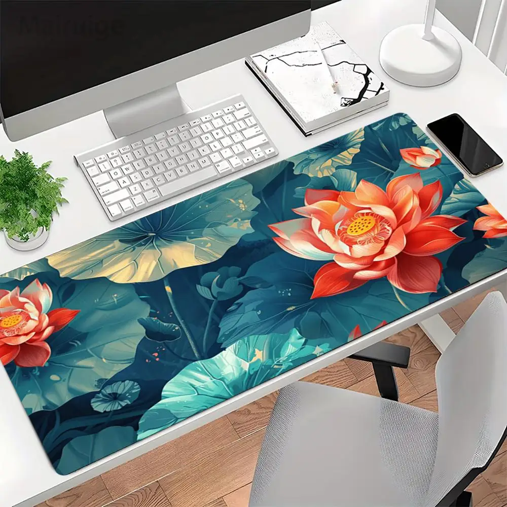 Glowing Purple Lotus Pattern Large Mousepad, Natural Rubber Material Stitched Edge Craft Anti Slip Desk Mat