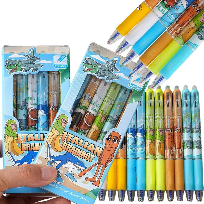

12PCS Italian Brainrot Tung Erasable Gel Pen Cute Anime Cartoon Quick Drying Black Blue 0.5mm Ballpoint Pen Stationery Supplies