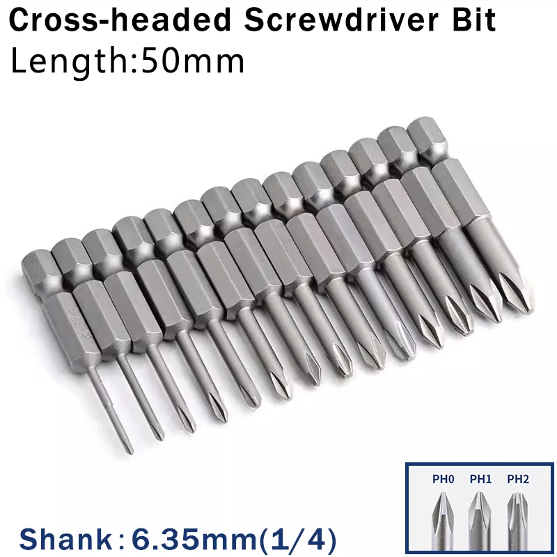 10pcs 50mm Cross Screwdriver Bits Set Alloy Steel Electric Screwdriver 1/4 Inch Hex Screw Driver Bits Hand Tools PH0 PH1 PH2