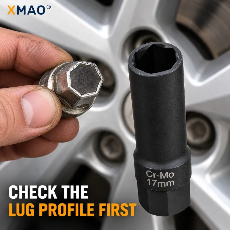 17mm Seven-Sided Wheel Lug Socket Key, Cr-Mo Steel 1/2 Inch Drive for Locking Lug Nuts, Auto Tire Changes and Wheel Repair