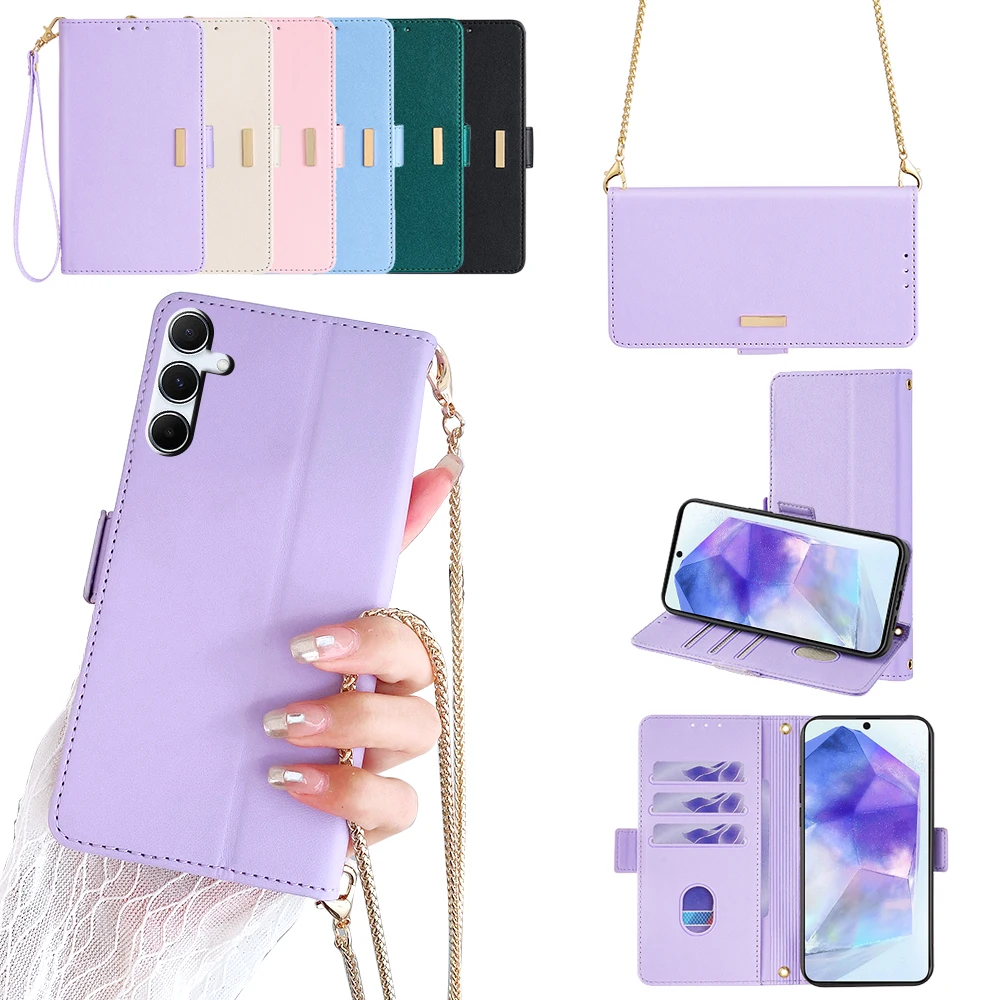 Ladies Magnet Buckle Crossbody Case For Samsung Galaxy A55 A35 A15 A25 A54 A34 A24 A14 A53 A33 Leather Cover with 2 Strap RFID