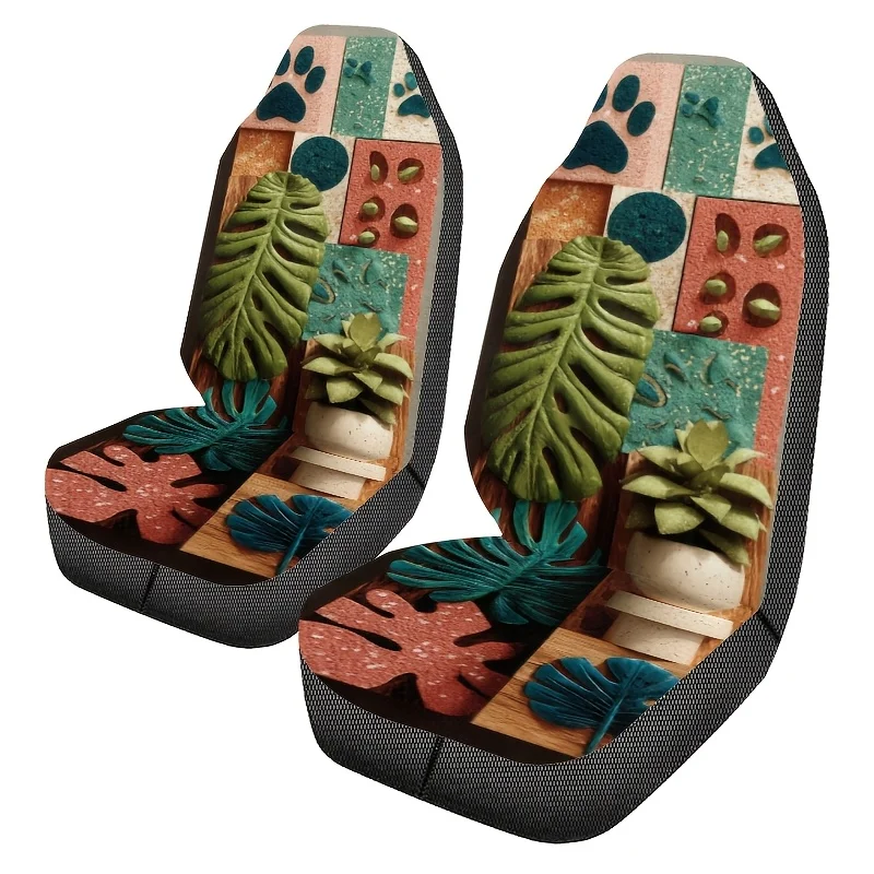 Set Of 2 Bohemian Tropical Leaf Print Universal Car Seat Covers, Easy To Clean, Suitable For Both Men And Women, Stylish Automot
