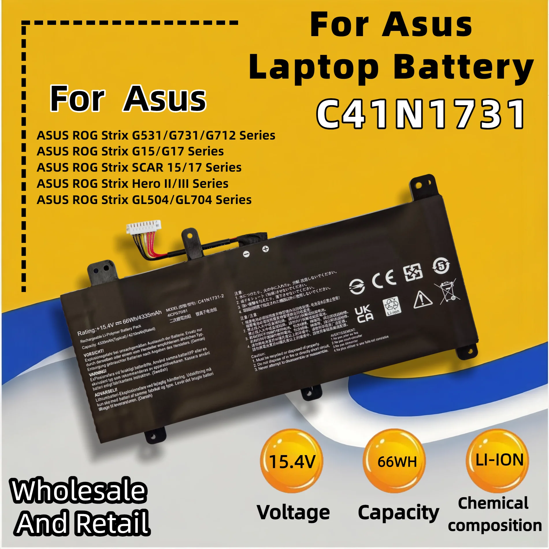 FRLESUI C41N1731‑2 Replacement High‑Quality Grade‑A Cells Gaming Notebook Battery 66Wh For Asus ROG Strix 0B200‑02940 Li‑Polymer