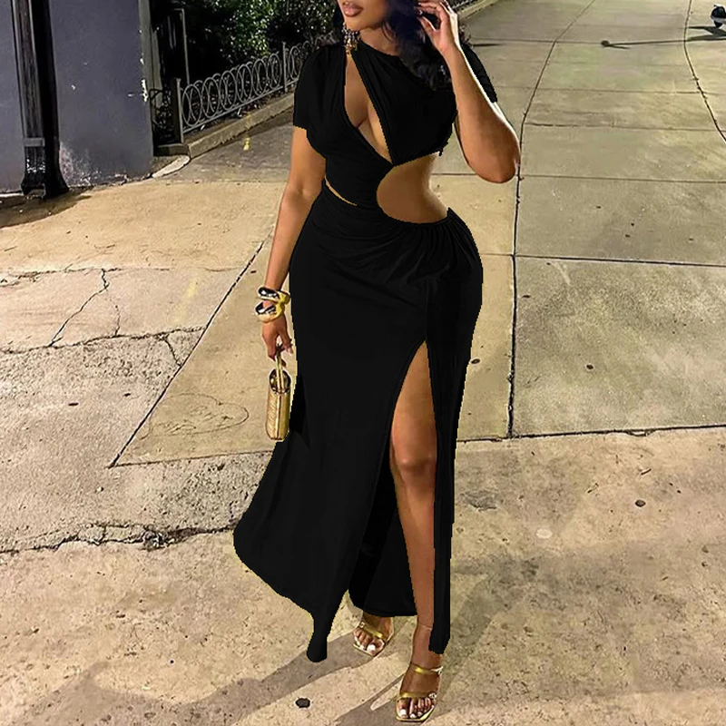 OMSJ 여름 불규칙 컷아웃 반팔 라운드넥 주름 슬림 사이드 슬릿 롱 드레스 여성 휴가 스타일 섹시 의류