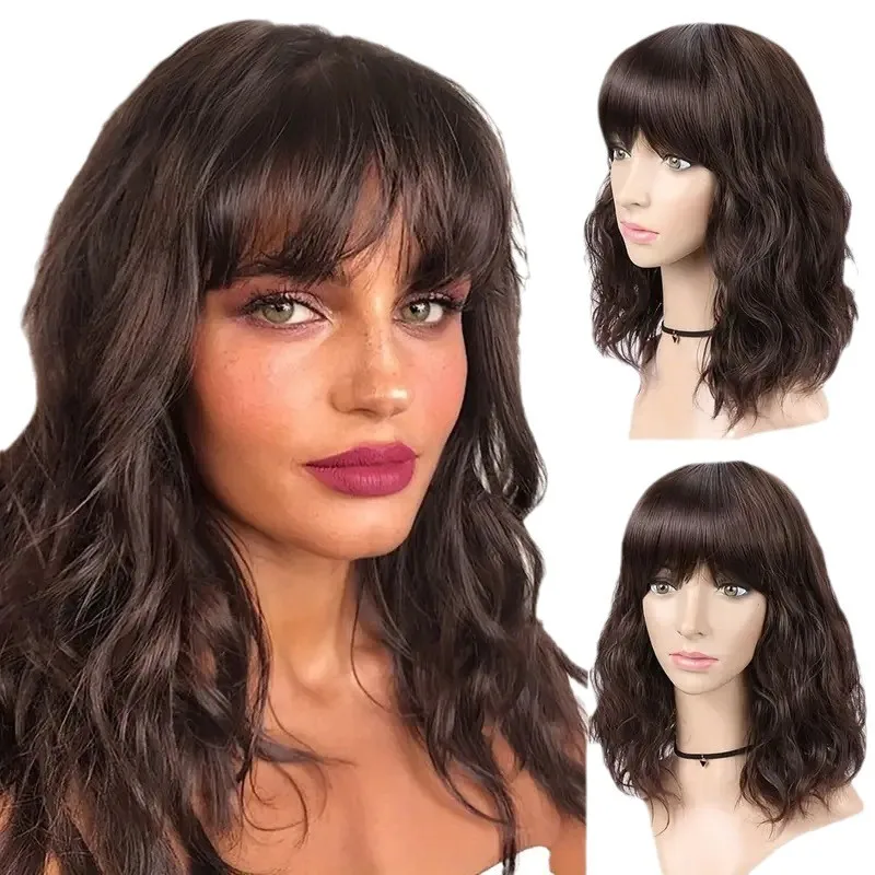 Short 2024, cross-border style, European and American bangs, curly water wave, voluminous, trendy wig, synthetic fiber
