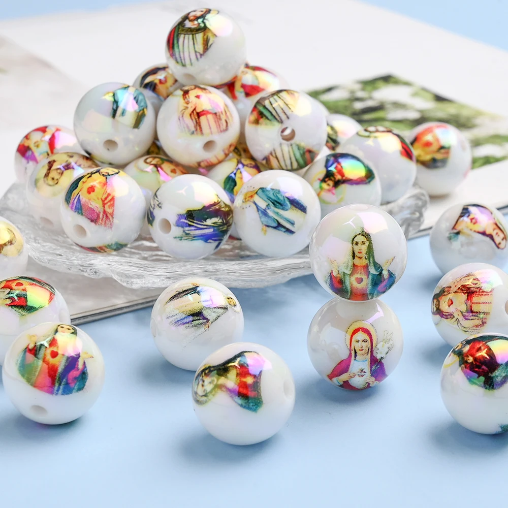 

60Pcs 15mm Acrylic Round Beads Character Print Loose Bead For Handmade Pacifier Chain Clip Jewelry Keychain Making Accessories