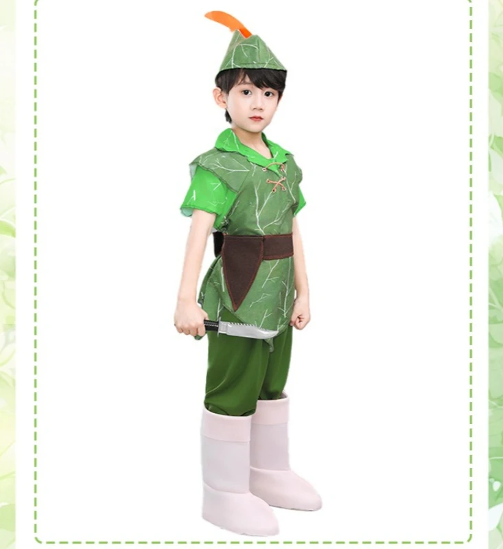 Halloween children green elf costume Party Stage performance Peter Pan green clothing with cap view 3