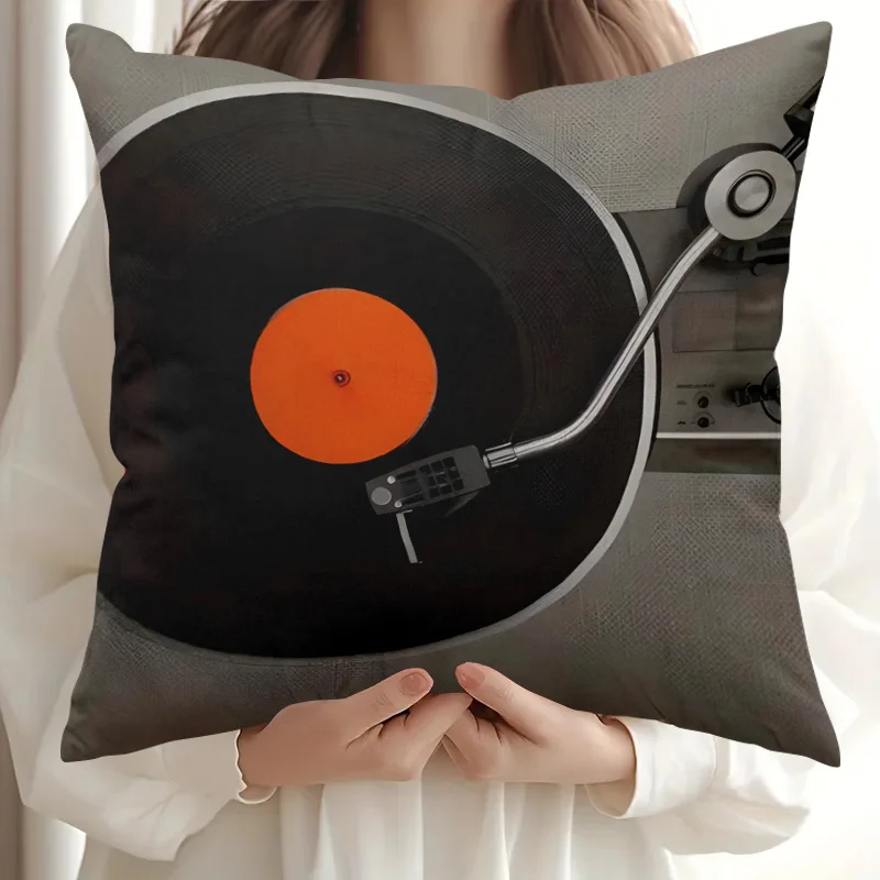 Fun Retro Audio Theme Pillow Cover, Playful Disc and Needle Graphics Design Cushion Case for Living Room Bedroom Home Decor Gift