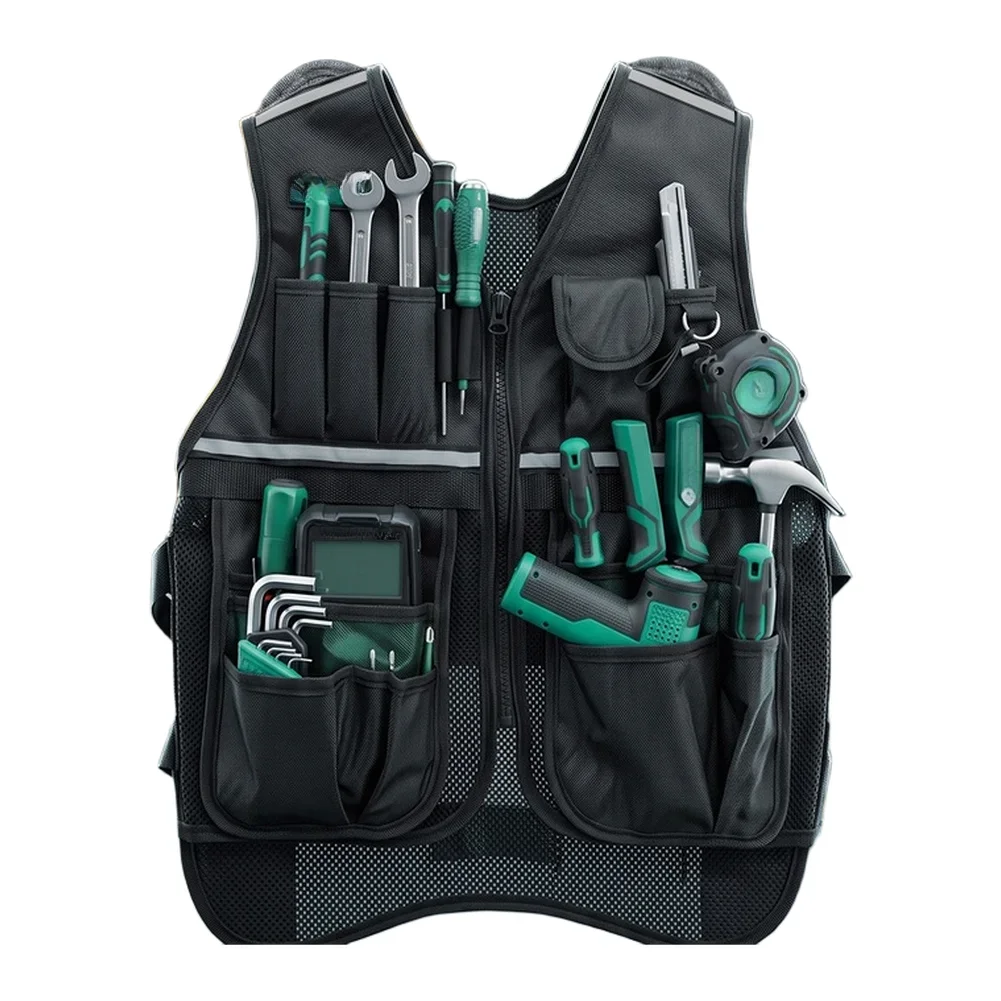 Breathable Mesh Tool Vest With Multi Pockets And Reflective Strips For Electricians Repair Work Storage Organizer Bag
