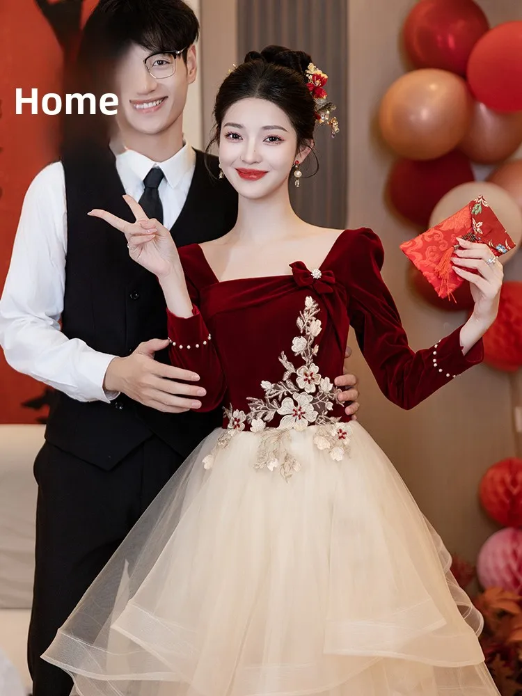 

Stunning Long Sve Wedding Dr Beautiful Bridal Gown Korean Sle Polyester Fiber Adult Women's Faionable Evening Gown