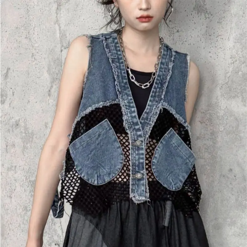 Vintage V-neck Denim Vest Patchwork Mesh Women Y2k Clothes Summer Sleeveless Slim Tank Top Harajuku Button Cropped Jacket Tank