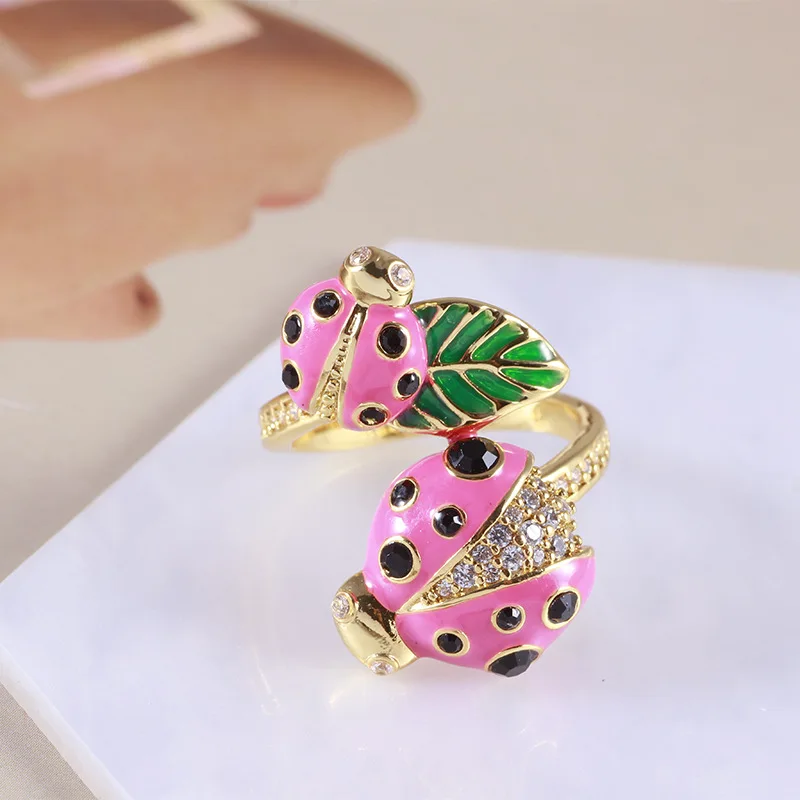 European and American Fashion Personality Enamelled Ladybug Leaf Shape Inlaid Rhinestone Ring For Women