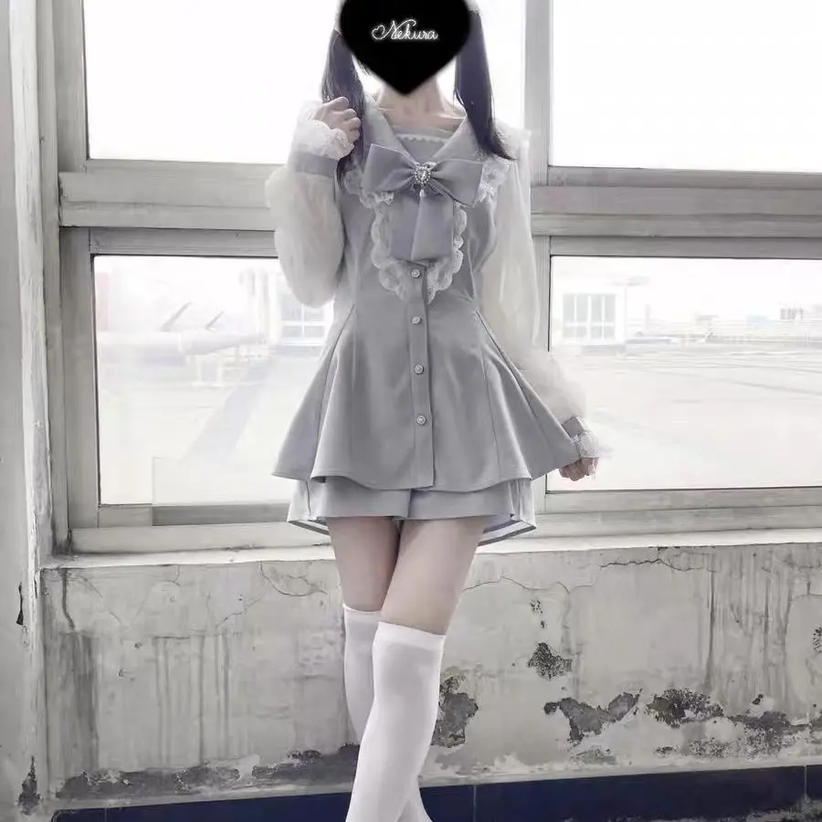 

SOIOMES Темно-синее кружевное сетчатое платье с длинными рукавами и большим бантом, нежное и милое короткое женское платье