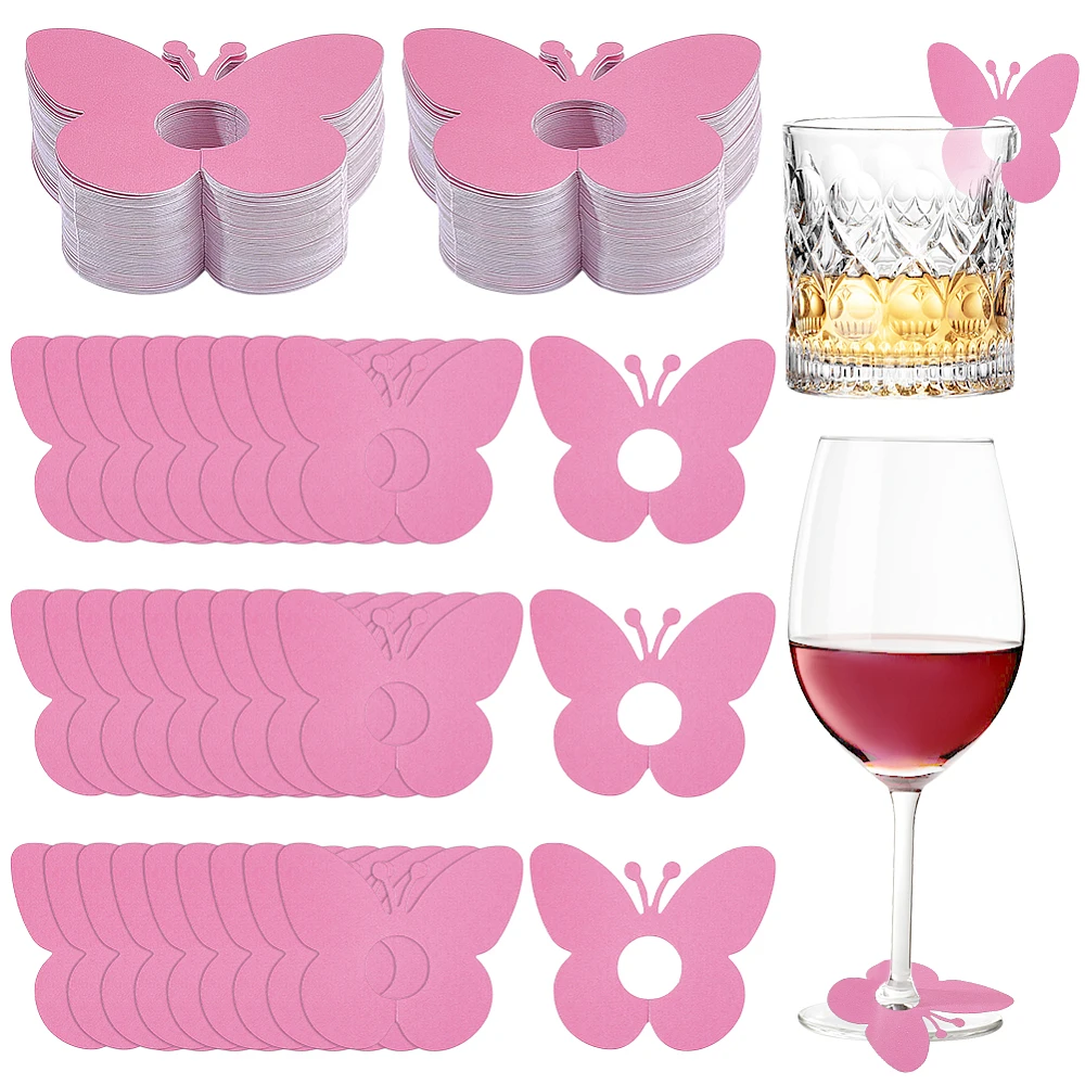 150PCS Paper Drink Name Tags 2.36x1.97inch Butterfly Pink Wine Glass Markers Butterfly Paper Drink Markers for Receptions