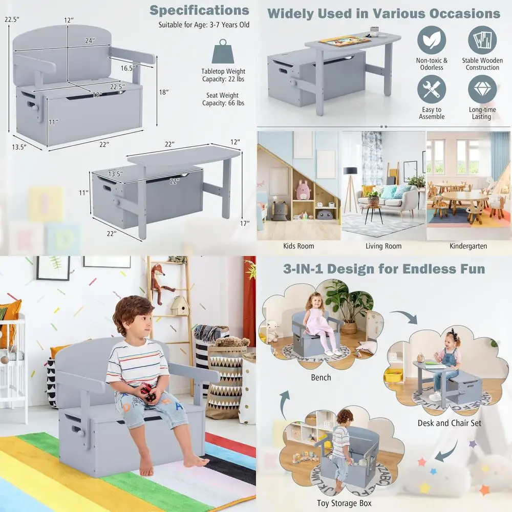 

Набор скамейки для хранения вещей для детей, деревянная мебель для малышей с ручкой, идеально подходит для игровых комнат, дошкольников, детей от 3 до 7 лет (серый)