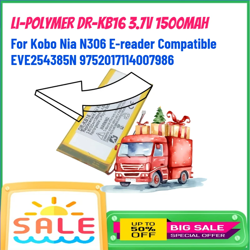 

Li-Polymer DR-KB16 3.7V 1500mAh Battery For Kobo Nia N306 E-reader Compatible EVE254385N 9752017114007986 Rechargeable Batteries