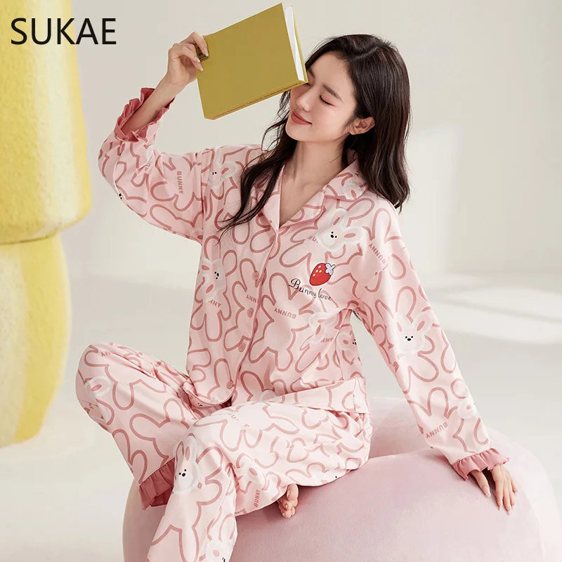 SUKAE Autumn Spring New Women Pajamas Set Turn-down Collor Faux Cotton Long Sleeves Sleepwear Leisure Pijama Lady Chic Homesuits