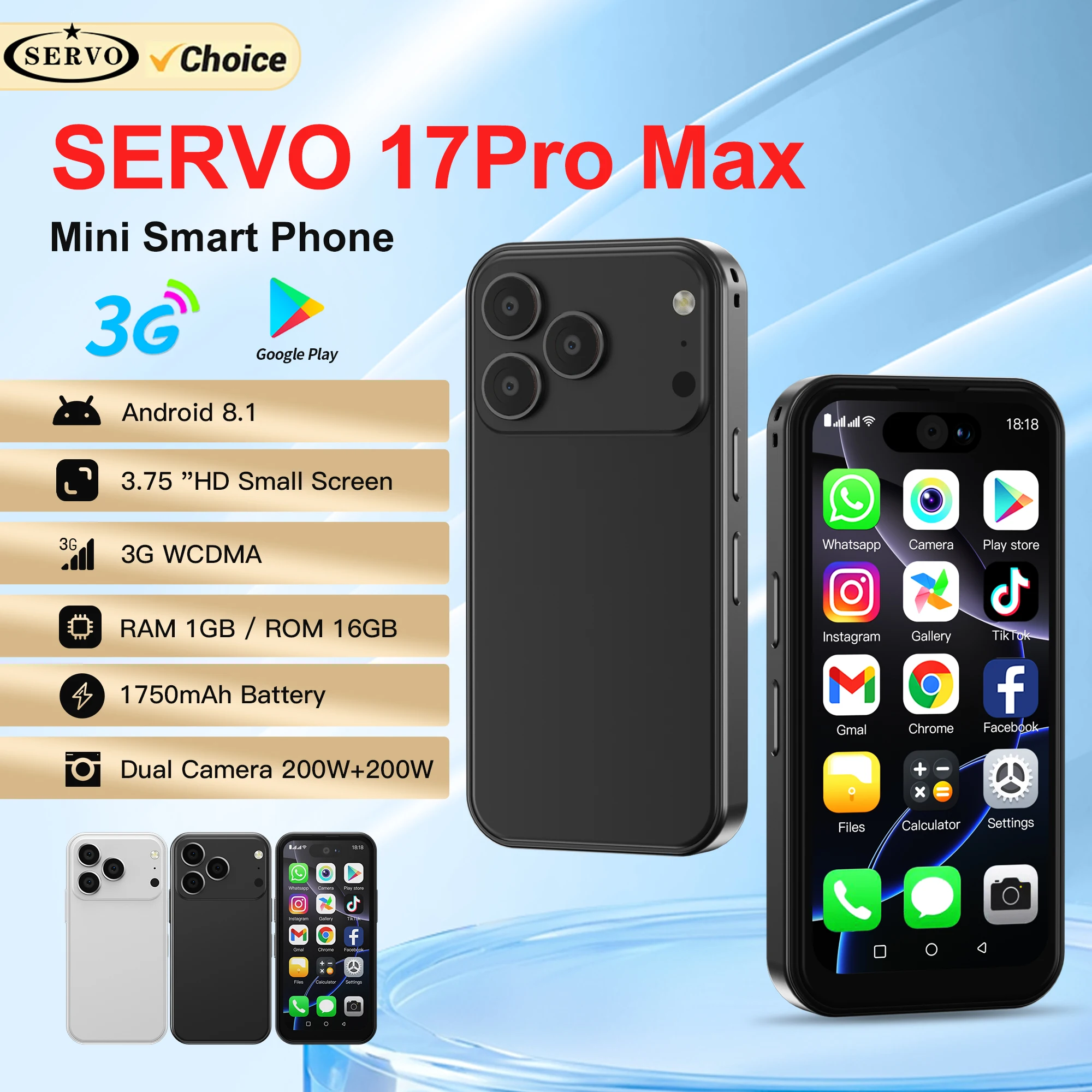 SERVO 17PRO MAX Android Mini Smartphone 3G WCDMA double SIM veille 16GB ROM Play Store WiFi 3.75 "écran mignon petits téléphones mobiles