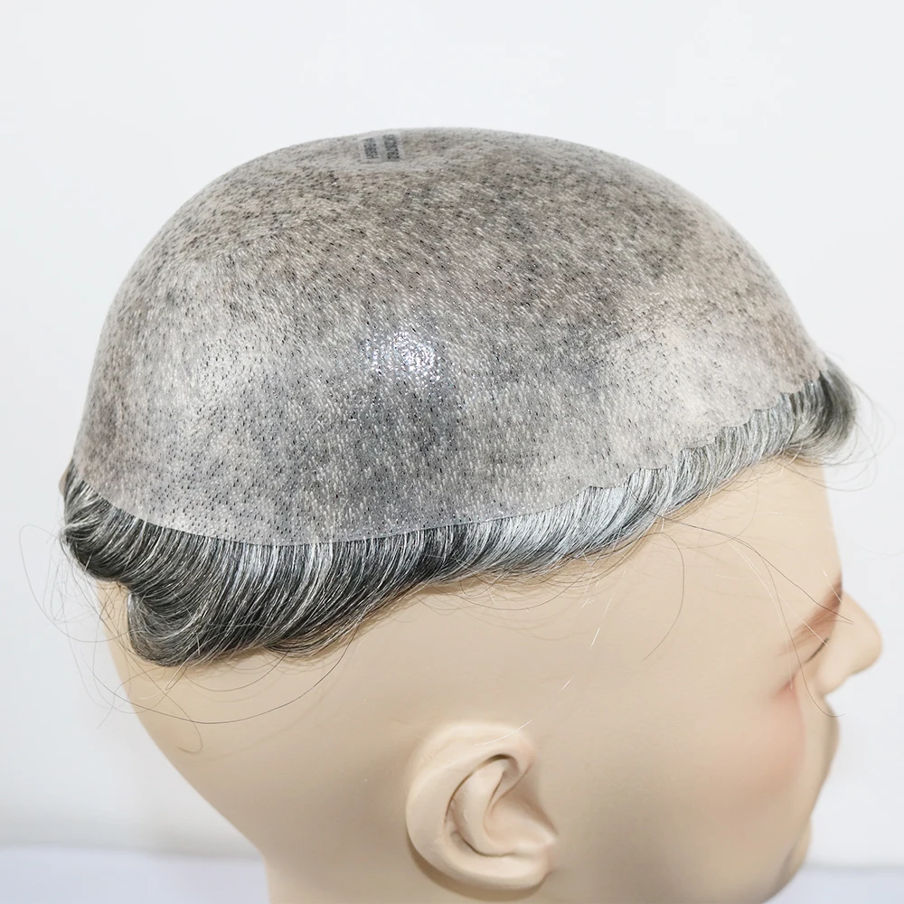 Super durável único nós Toupee para homens, base PU completa, 100% cabelo humano, peruca preta e cinza, peça de reposição, espessura