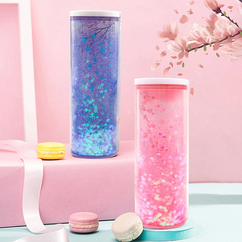 Multifunctional Standing Quicksand Pencil Case Organizer Double Layer With Mirror Erasable Notepad Calculator