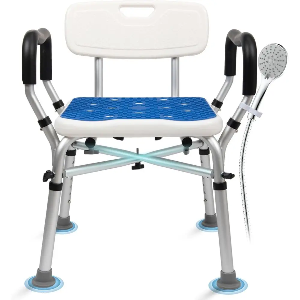 

Adjustable Heavy-Duty Shower Seat with Non-Slip Silicone, Arms, Back Support for Elderly & Disabled